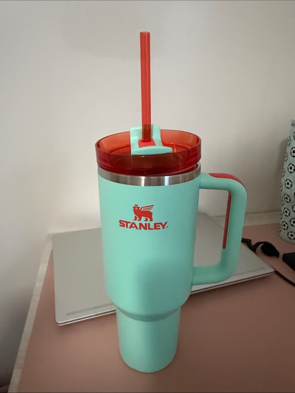 Stanley Mint & Orange Insulated Travel Mug with Handle and Straw